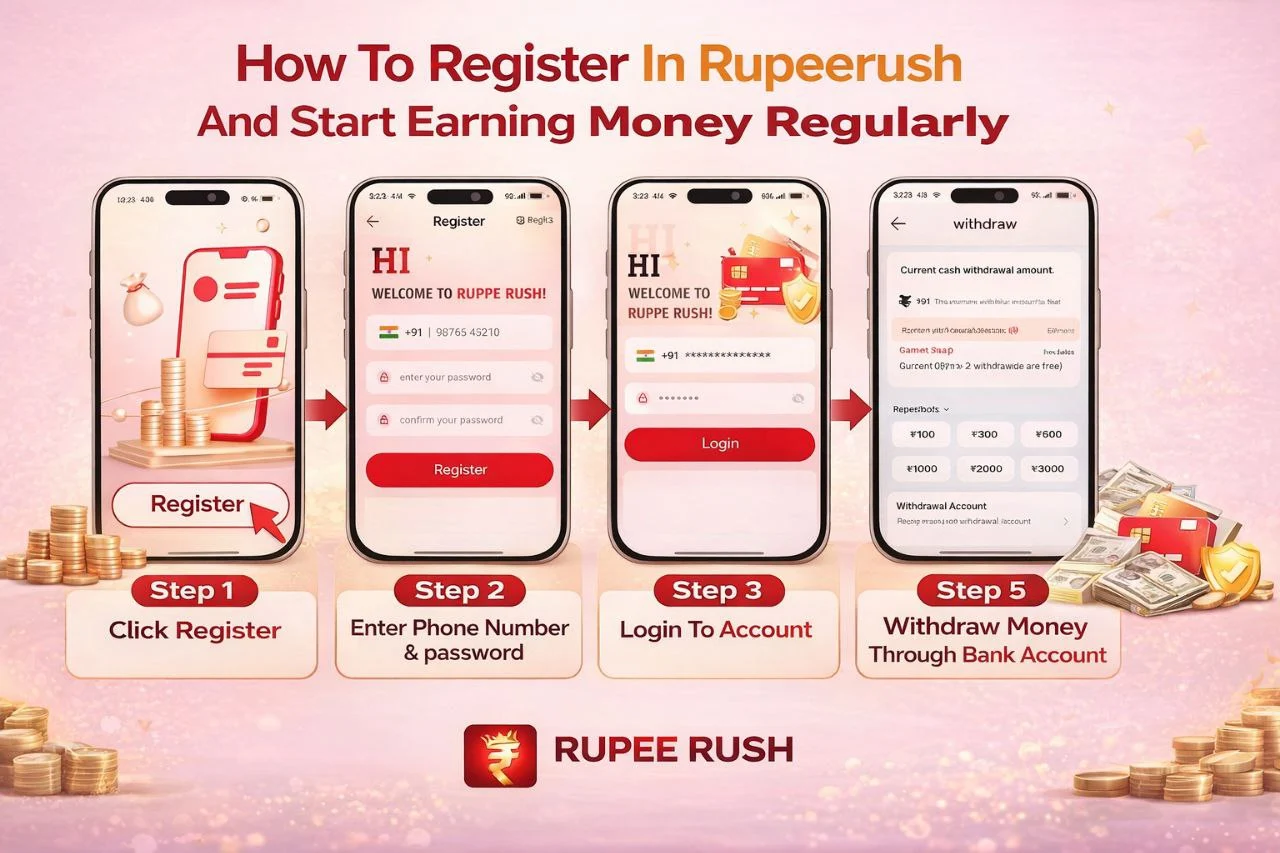 Rupee Rush registration steps guide - how to register login and withdraw money step by step earning app tutorial